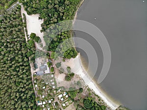 Aerial view of lake Gorinsee, a natural body of water in the municipality of Wandlitz in the Brandenburg district of Barnim.