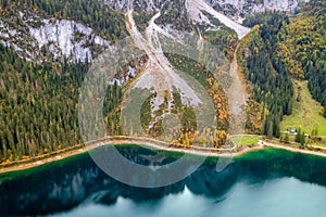Aerial view of lake Gosausee shore in Austrian Alps