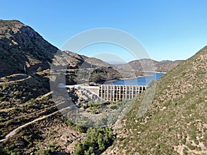 Aerial view of Lake Hodges Dam surrounded by Bernardo Mountain, San Diego County, California