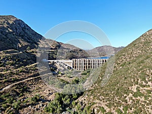 Aerial view of Lake Hodges Dam surrounded by Bernardo Mountain, San Diego County, California