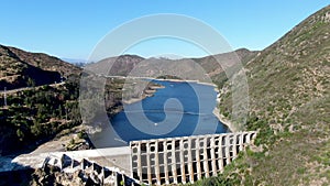 Aerial view of Lake Hodges Dam surrounded by Bernardo Mountain, San Diego County, California