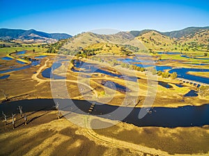 Aerial view of Lake Hume and Murray Valley Highway near Tallangatta, Victoria, Australia