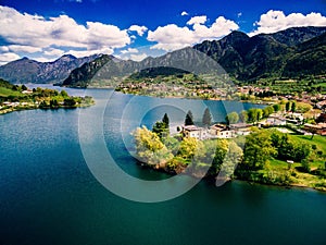 Aerial view of lake Idro near Garda in Italy. Beautiful summer landscape with lake between mountains in Italy photo