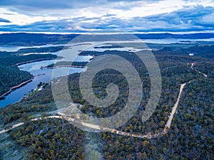 Aerial view of Lake Jindabyne at dusk, New South Wales, Australia