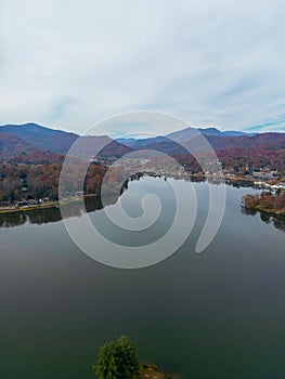 Aerial view of Lake Junaluska and forest mountain in Waynesville, North Carolina