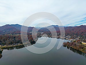 Aerial view of Lake Junaluska and forest mountain in Waynesville, North Carolina