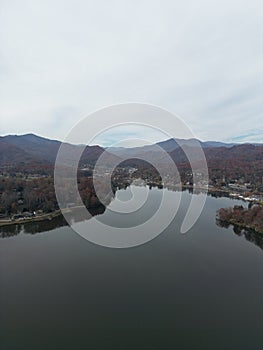 Aerial view of Lake Junaluska and forest mountain in Waynesville, North Carolina