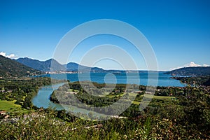 Aerial view of Lake Maggiore and river Toce