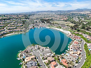 Aerial view of Lake Mission Viejo with private residential and condominium communities. California