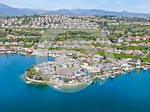 Aerial view of Lake Mission Viejo with private residential and condominium communities. California