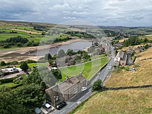 Aerial view of a lake in moorlands of Yorkshire, UK