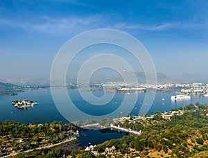 Aerial view of Lake Pichola with Lake Palace (Jag Niwas) and Jag