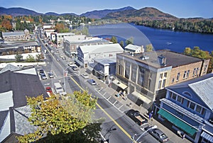 Aerial view of Lake Placid, NY downtown with Adirondack Mountains