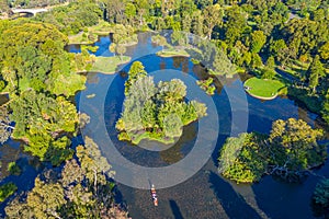 Aerial view of a lake at Royal botanic garden in Melbourne, Australia