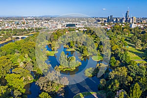 Aerial view of a lake at Royal botanic garden in Melbourne, Australia