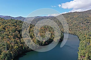Aerial view of Lake Santeetlah, North Carolina in autumn.