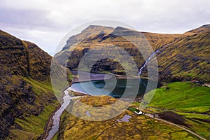 Aerial view of the lake near Saksun on the Faroe islands photo