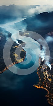 Aerial View Of Lake With Smoke: Captivating Nikon D850 Landscape