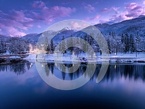 Aerial view of lake, snowy mountains, trees, purple sky at night