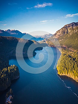 Aerial view of Lake surrounded by Trees and Mountains near Vancouver, BC, Canada