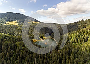 Aerial view of Lake Synevir in Carpathian Mountains in Ukraine photo