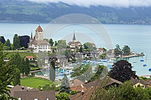 Aerial view of lake Thun with marina and Swiss Alps photo