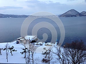 Aerial view of Lake Toya in winter. Abuta District, Hokkaido, Japan.