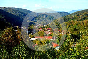 An aerial view of the lake and village Valiug, in Banat, Transylvania