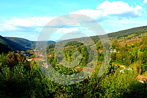 An aerial view of the lake and village Valiug, in Banat, Transylvania