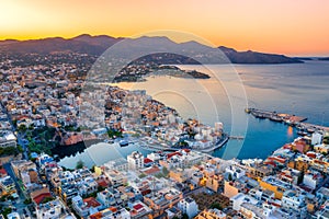 Aerial view of the lake Voulismeni in Agios Nikolaos,  Crete, Greece