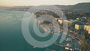 Aerial view of lake Zurich marina and moored boats. Switzerland