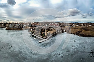 Aerial view of a lakefront restaurant in Denver Colorado