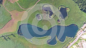 Aerial view of lakes on a grass meadow