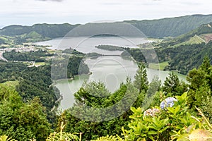 Lakes of Sete Cidades from the Miradouro da Vista do Rei on the island of Sao Miguel in the Azores, Portugal photo