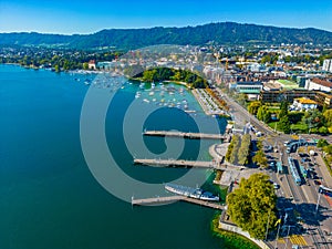 Aerial view of lakeside promenade of the Zuerich lake in switzer