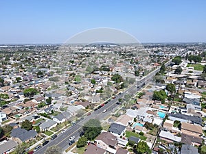 Aerial view of Lakewood middle class neighborhood, city in Los Angeles County, California
