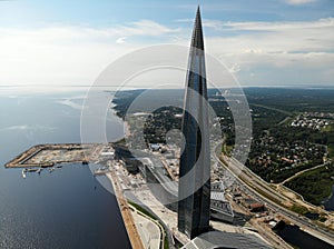 Aerial view Lakhta Center Gazprom tower in Saint-Petersburg. Skyscrabber photo