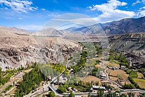 Aerial view of Lamayuru village and Lamayuru Monastery or Gompa is a tibetan style buddhist monastery in Ladakh