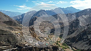 Aerial view of Lamayuru village and Lamayuru Monastery and Lamayuru Moonland