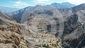 Aerial view of Lamayuru village and Lamayuru Monastery and Lamayuru Moonland
