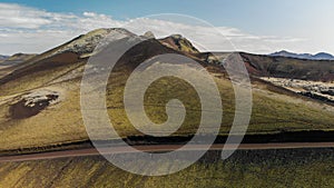 Aerial view of Landmannalaugar mountains and lake,Fjallabak Nature Reserve in the Highlands of Iceland