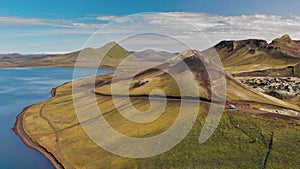 Aerial view of Landmannalaugar mountains and lake,Fjallabak Nature Reserve in the Highlands of Iceland