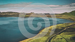 Aerial view of Landmannalaugar mountains and lake,Fjallabak Nature Reserve in the Highlands of Iceland