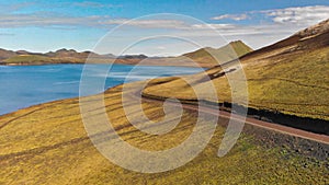 Aerial view of Landmannalaugar mountains and lake,Fjallabak Nature Reserve in the Highlands of Iceland