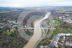 Aerial view of the landmark of Bristol, Clifton Suspension Bridge and Clifton Observatory