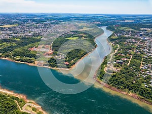 Aerial view of the landmark of the three borders hito tres fronteras, Paraguay, Brazil and Argentina