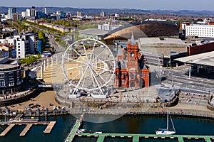 Aerial view of the landmarks of Cardiff Bay, Wales