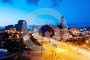 Aerial view of landmarks in Malmo, Sweden at night. Illuminated university