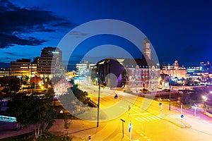 Aerial view of landmarks in Malmo, Sweden at night. Illuminated university