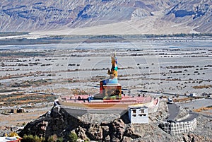 Aerial view of Landscape Ancient Diskit Monastery also known as Deskit Gompa or Diskit Gompa is the oldest and largest Buddhist mo photo